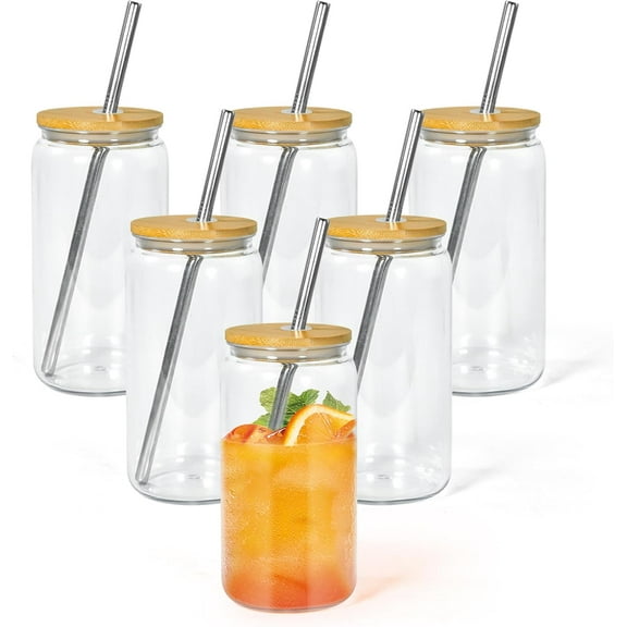 16oz Acrylic Mason Jar Cups, Clear Cups with Bamboo Lids and Straws, Iced Coffee Cup Drinking Glass Tumbler for Whiskey, Soda, Tea, Juice, Gift, 6pcs