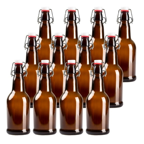 Barcaloo 16oz Amber Glass Beer Bottles for Home Brewing - 12 Pack with Flip Caps - Family Owned American Brand