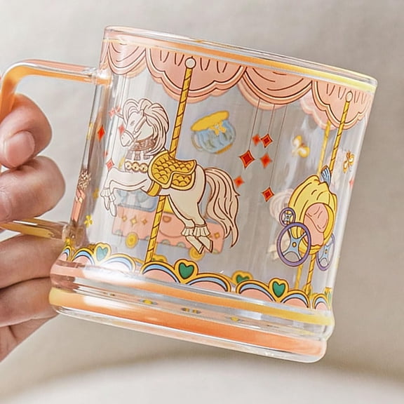 16oz Borosilicate Glass Mug with Handle, Microwave Safe Coffee Cup for Iced/Hot Coffee, Carousel Design Gift for Tea Lovers