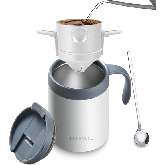 16oz Camping Coffee Maker Pour over Coffee Maker Set, Outdoor Portable Hand Drip Coffee Cup, Home Coffee Brewing and Filtering System (White)