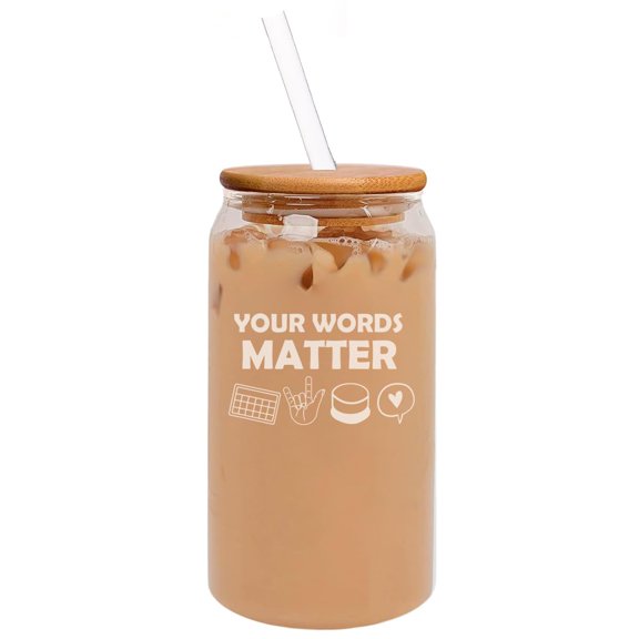 16oz Can Shaped Glass Iced Coffee Cup with Bamboo Lid and Straw Gift Your Words Matter AAC Special Education Teacher SLP Speech Language Pathologist Speech Therapist