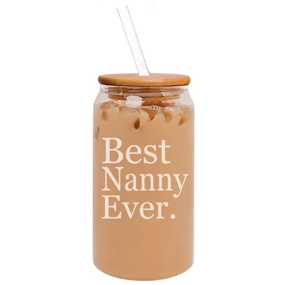 16oz Can Shaped Glass Iced Coffee Cup with Bamboo Lid and Straw Gift Best Nanny Ever