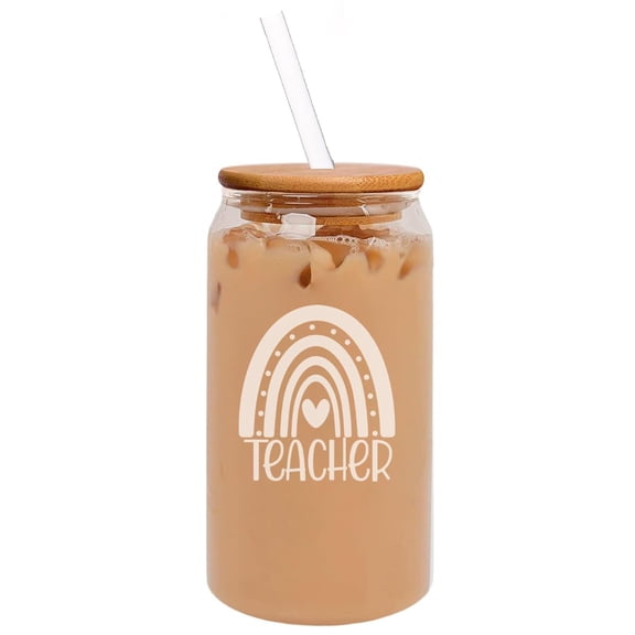 16oz Can Shaped Glass Iced Coffee Cup with Bamboo Lid and Straw Gift Boho Rainbow Teacher