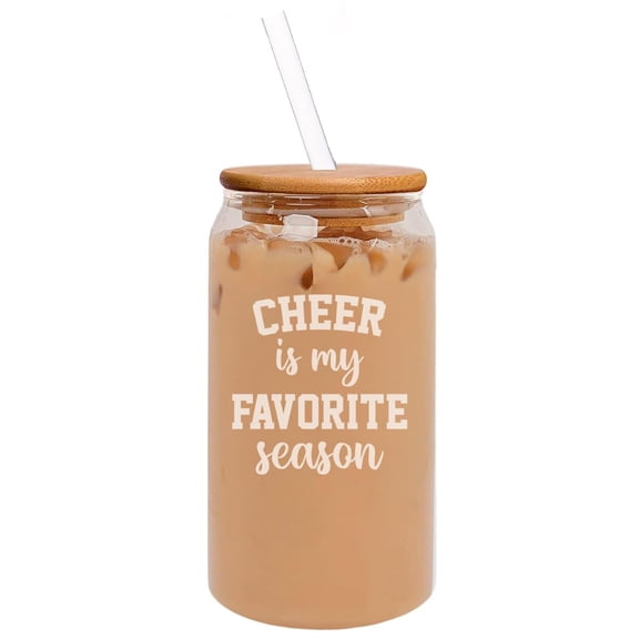 16oz Can Shaped Glass Iced Coffee Cup with Bamboo Lid and Straw Gift Cheer Is My Favorite Season Cheerleader Cheer Mom