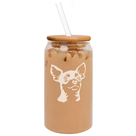 16oz Can Shaped Glass Iced Coffee Cup with Bamboo Lid and Straw Gift Chihuahua Face