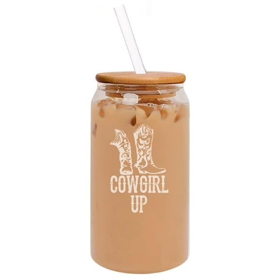 16oz Can Shaped Glass Iced Coffee Cup with Bamboo Lid and Straw Gift Cowgirl Up Boots