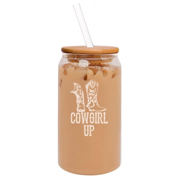 16oz Can Shaped Glass Iced Coffee Cup with Bamboo Lid and Straw Gift Cowgirl Up Boots