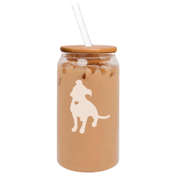 16oz Can Shaped Glass Iced Coffee Cup with Bamboo Lid and Straw Gift Cute Pitbull with Heart