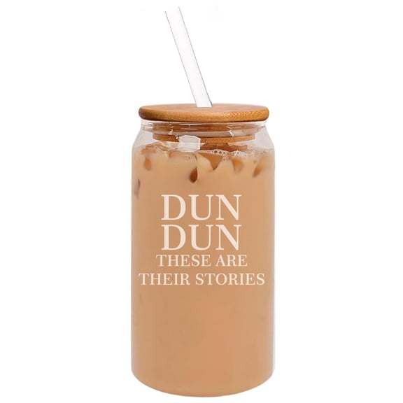 16oz Can Shaped Glass Iced Coffee Cup with Bamboo Lid and Straw Gift Dun Dun These Are Their Stories
