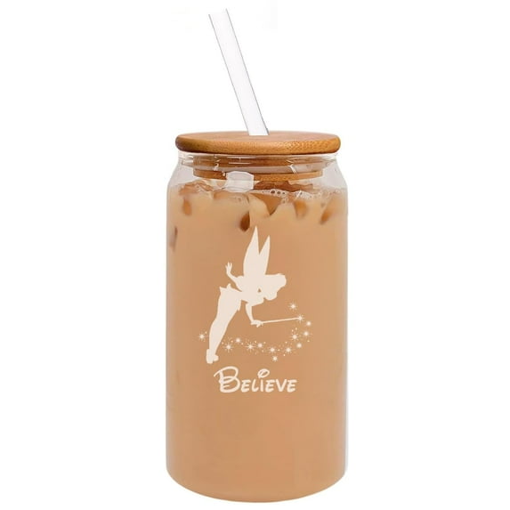 16oz Can Shaped Glass Iced Coffee Cup with Bamboo Lid and Straw Gift Fairy Believe