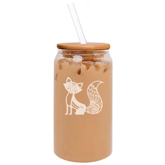 16oz Can Shaped Glass Iced Coffee Cup with Bamboo Lid and Straw Gift Fancy Fox