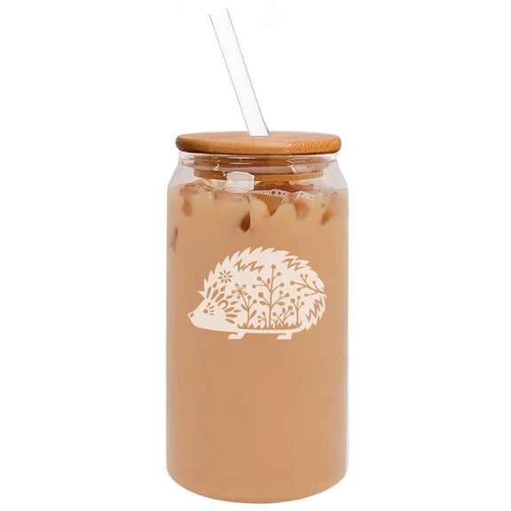 16oz Can Shaped Glass Iced Coffee Cup with Bamboo Lid and Straw Gift Fancy Hedgehog