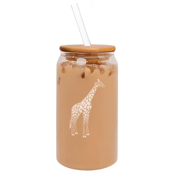 16oz Can Shaped Glass Iced Coffee Cup with Bamboo Lid and Straw Gift Giraffe