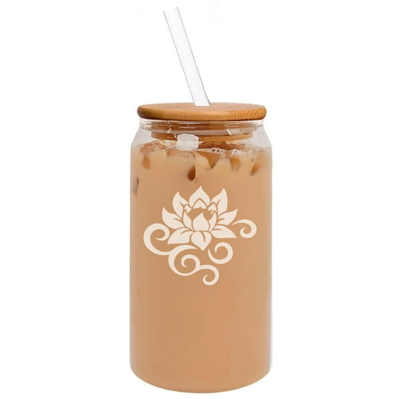 16oz Can Shaped Glass Iced Coffee Cup with Bamboo Lid and Straw Gift Lotus Flower Scroll