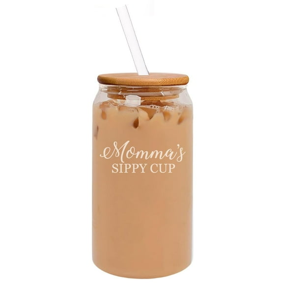 16oz Can Shaped Glass Iced Coffee Cup with Bamboo Lid and Straw Gift Momma's Sippy Cup For Mom Mother's Day