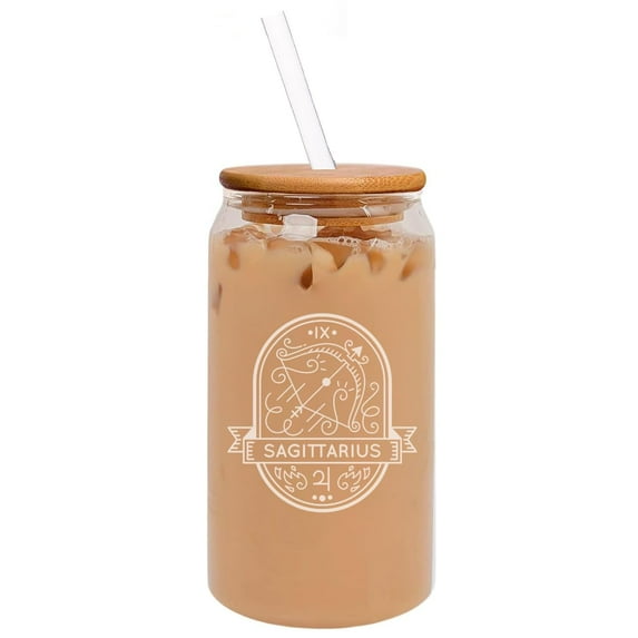 16oz Can Shaped Glass Iced Coffee Cup with Bamboo Lid and Straw Gift Mystical Zodiac Horoscope (Sagittarius)