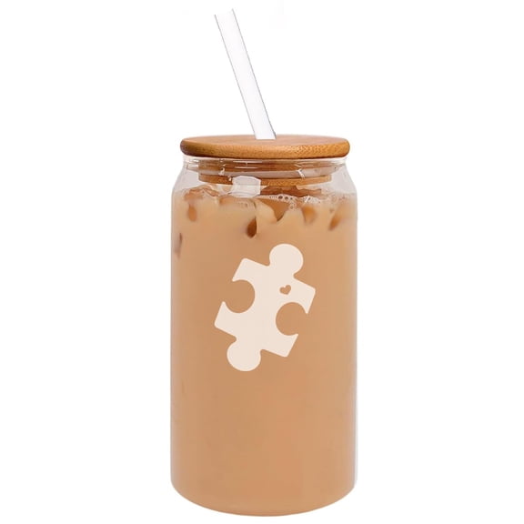 16oz Can Shaped Glass Iced Coffee Cup with Bamboo Lid and Straw Gift Puzzle Piece with Heart Autism Awareness Special Education Teacher