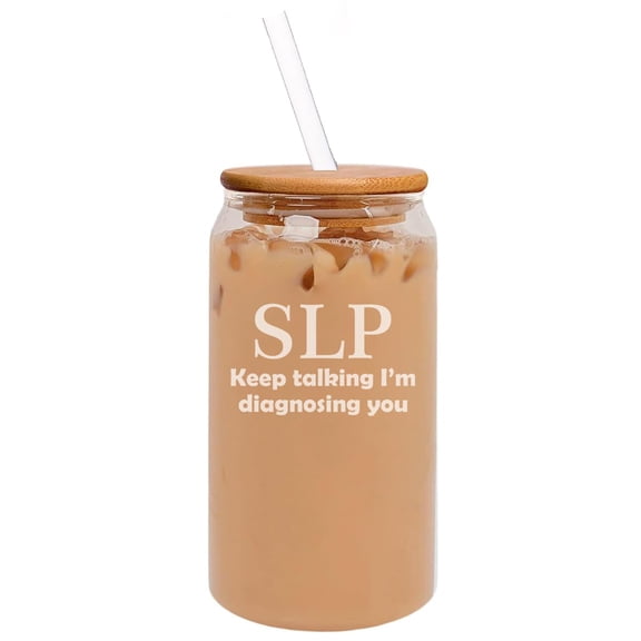 16oz Can Shaped Glass Iced Coffee Cup with Bamboo Lid and Straw Gift SLP Speech Language Pathologist