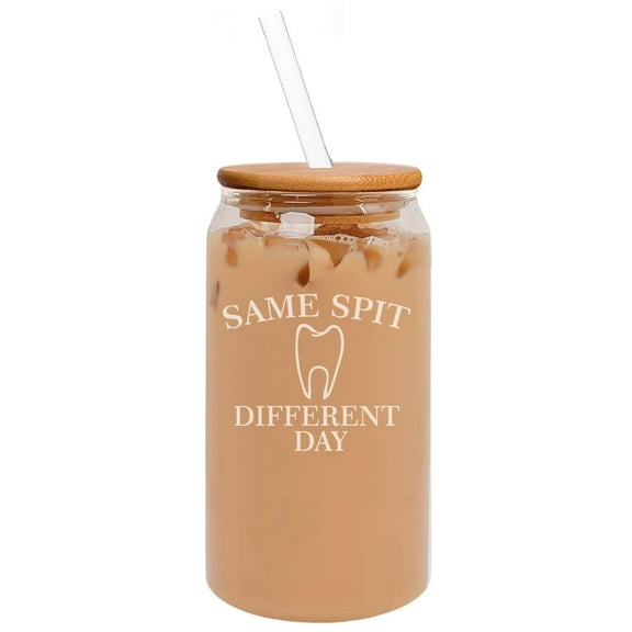 16oz Can Shaped Glass Iced Coffee Cup with Bamboo Lid and Straw Gift Same Spit Different Day Funny Dentist Dental Assistant Hygienist