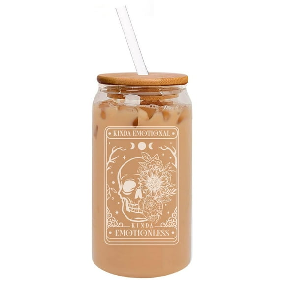 16oz Can Shaped Glass Iced Coffee Cup with Bamboo Lid and Straw Gift Tarot Kinda Emotional Skull Flowers Funny