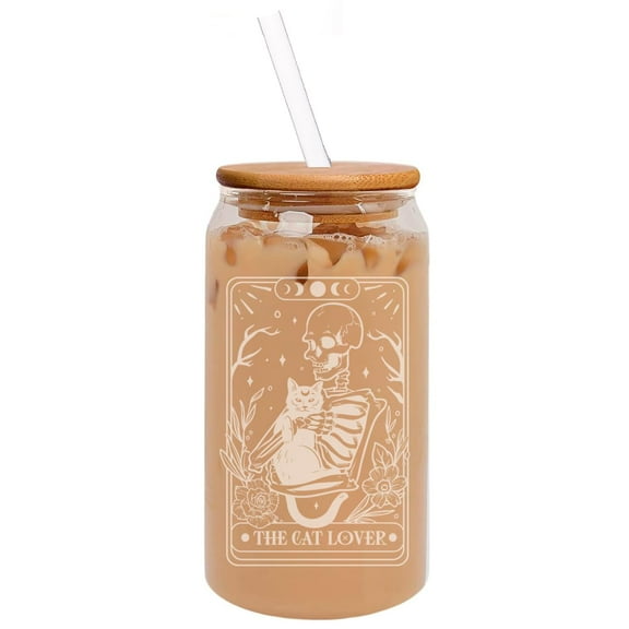 16oz Can Shaped Glass Iced Coffee Cup with Bamboo Lid and Straw Gift Tarot The Cat Lover Skull Funny