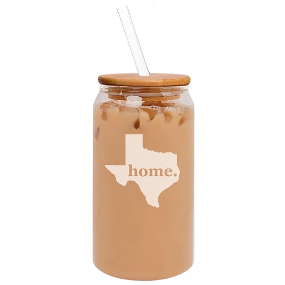 16oz Can Shaped Glass Iced Coffee Cup with Bamboo Lid and Straw Gift Texas Home