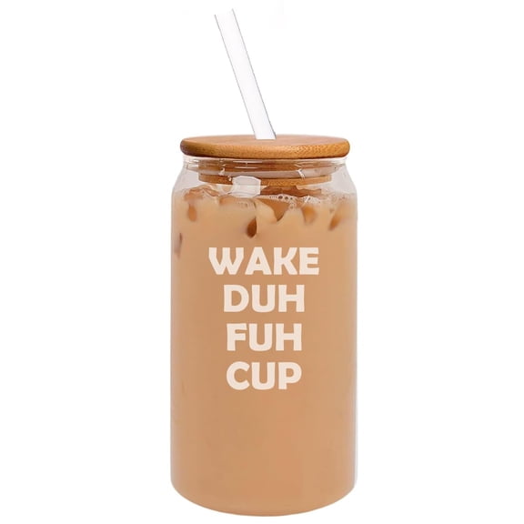 16oz Can Shaped Glass Iced Coffee Cup with Bamboo Lid and Straw Gift Wake Duh Fuh Cup