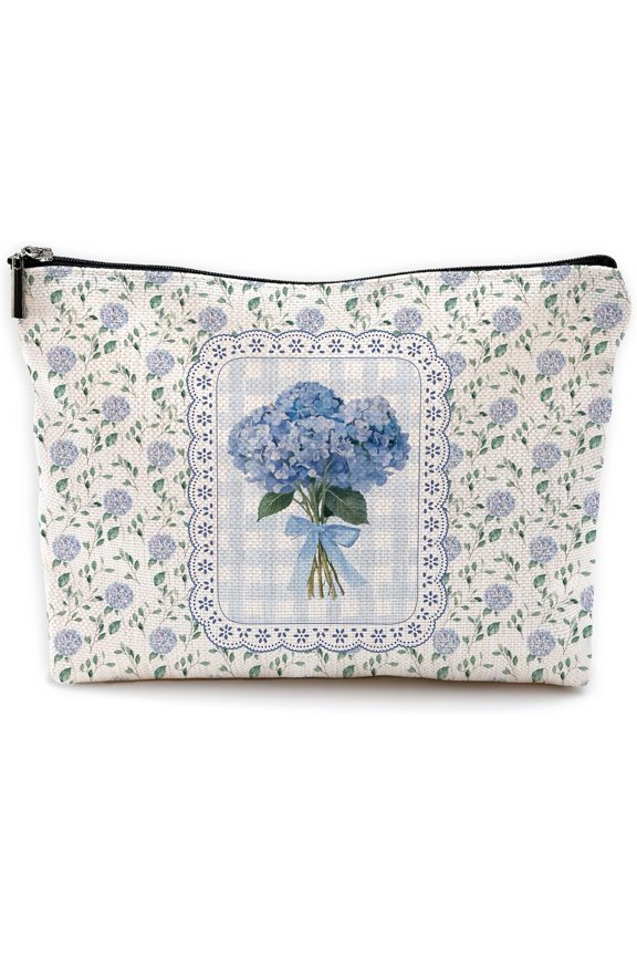 Blue Hydrangea Makeup Bag with Zipper, Grandmillennial Bow Hydrangea Flower Gifts for Women,Blue Small  Travel Toiletry Bag Zipper Makeup Pouch