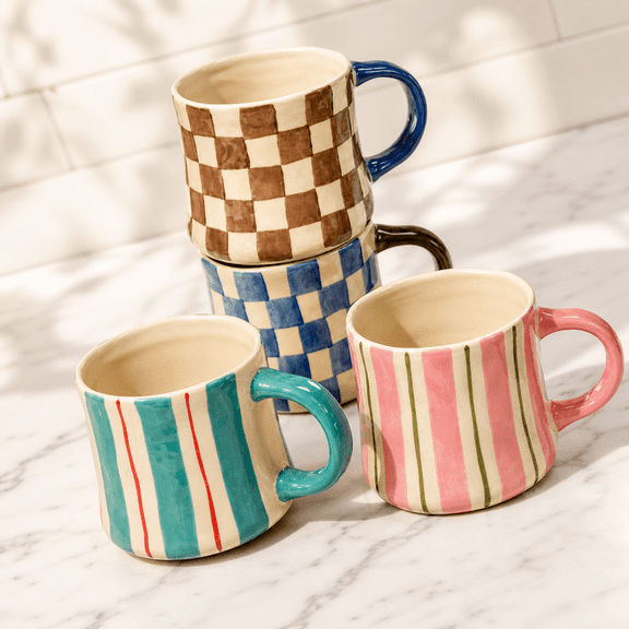 16oz Ceramic Coffee Mug Set of 4, Striped and Checkered Patterns, For Home Office Kitchen