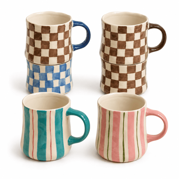 16oz Ceramic Coffee Mug Set of 4, Striped and Checkered Patterns, For Home Office Kitchen