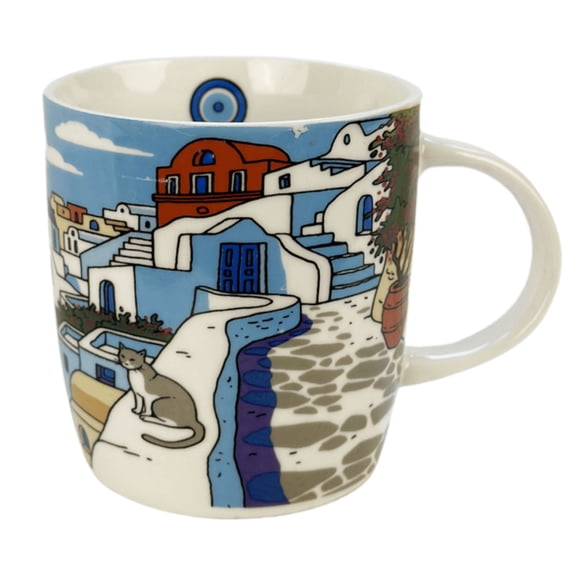 16oz Ceramic Coffee Mug for Office and Home, Hand Painted with Handles Tea Cup, Vintage Cat and Town Mug,Best Gifts for Women and Men