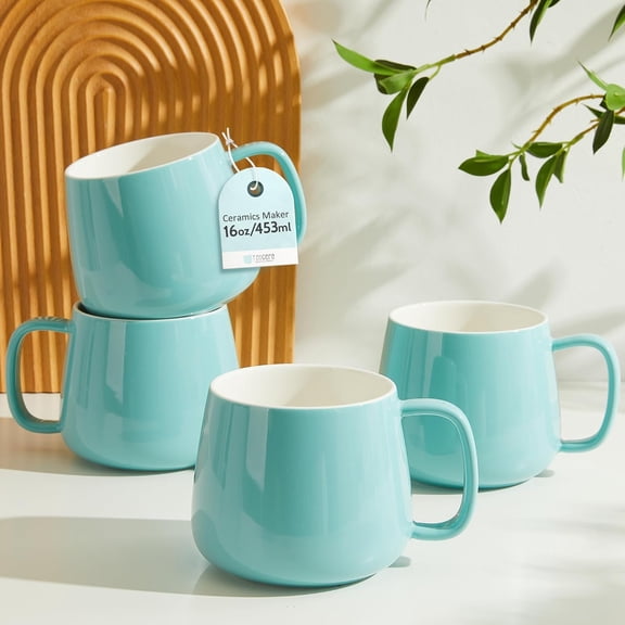 16oz Ceramic Coffee Mugs Set of 4 – Stackable Latte Cups, Microwave, Dishwasher & Oven Safe – Ideal for Coffee, Cappuccino, Hot Chocolate, Housewarming Gifts, Turquoise