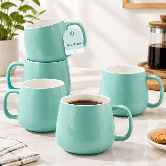16oz Ceramic Coffee Mugs Set Of 4 - Stackable Latte Cups Wave Dishwasher & Oven Safe Ideal For Cappuccino Hot Chocolate Housewarmi