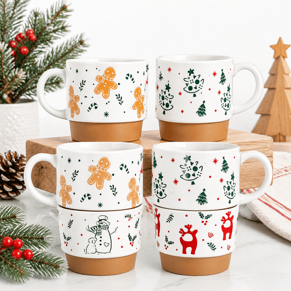 16oz Ceramic Coffee Mugs Set of 4, Christmas Themed, Stackable, Microwave & Dishwasher Safe