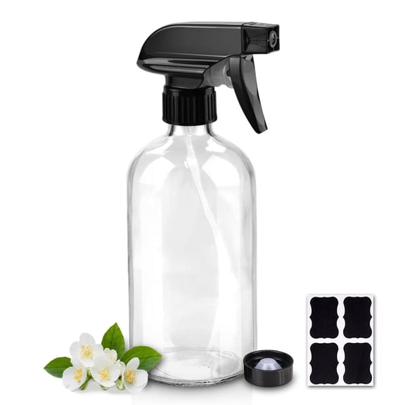 16oz Clear Glass Spray Bottle with Labels, Empty Refillable Boston Round Container with Adjustable Nozzle, Reusable Large Water Mister for Cleaning, Gardening, Aromatherapy, Hair, 1-Pack