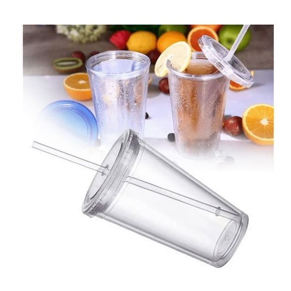 16oz Clear Insulated Acrylic Tumblers with Lid & Straw, Bulk Double Wall Reusable Classic Cup, Great Plastic Tumblers for Cold Drinks, Coffee, Beer，Milk Tea (Clear)
