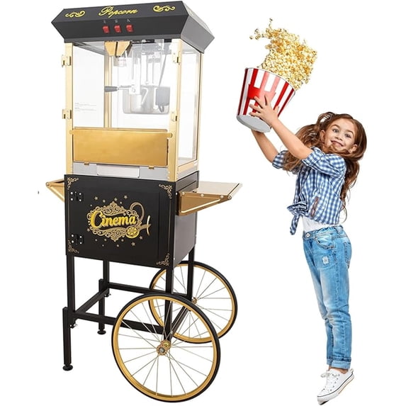 16oz Commercial Popcorn Machine with Cart, 850W Large Vintage Pop Corn Machine with Warming Deck, Large Movie Theater Popcorn Maker with Stainless-Steel Kettle for Home & Party Use (Black)