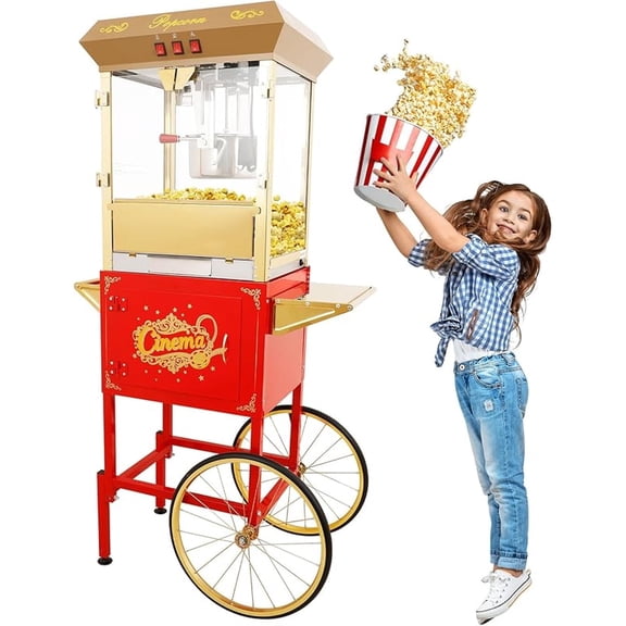 16oz Commercial Popcorn Machine with Cart, 850W Large Vintage Pop Corn Machine with Warming Deck, Large Movie Theater Popcorn Maker with Stainless-Steel Kettle for Home & Party Use (Red)