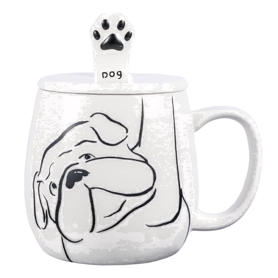 16oz Black and White Bulldog Ceramic Coffee Mug with Phone Stand Holder Lid, Modern Line Art Dog Mug, Microwave Dishwasher Safe Cup, Gift for Dog Lovers