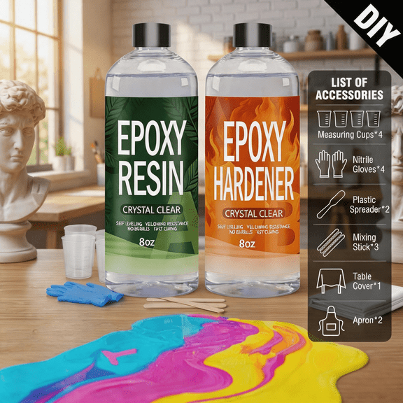 16oz Crystal Clear AB Epoxy Resin Kit, 1:1 Ratio Bubble-Free Self-Leveling Casting Resin for River Tables, Wood Filling & DIY Craft Projects