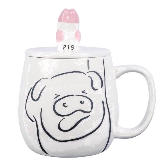 16oz Cute Pig Ceramic Mug with Phone Stand Lid - Kawaii Line Art Coffee Cup - Microwave Dishwasher Safe Gift for Women Girls - White & Pink