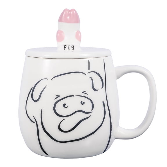 EPFamily 16oz Cute Pig Ceramic Coffee Mug with Phone Stand Lid, White & Pink Kawaii Line Art Novelty Cup, Gift for Mom Girls Pig Lovers