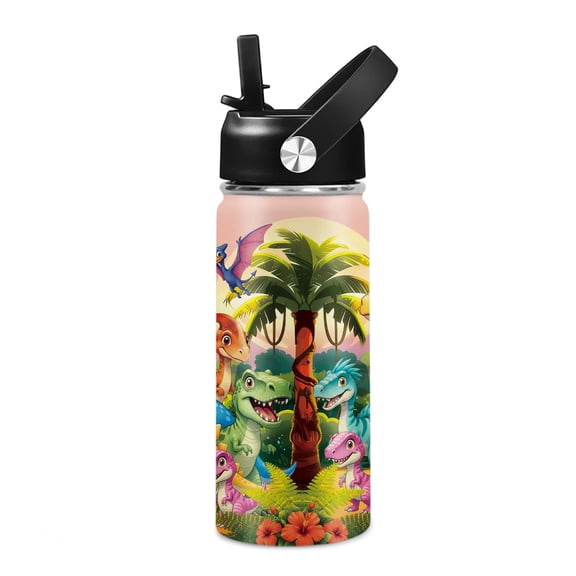 16oz Dinosaur Water Bottle with Straw Lid for Dinosaur Lover, Stainless Steel Insulated Tumbler, Leakproof, BPA-Free, for Travel, Sport, Birthday Gift Cup for Son