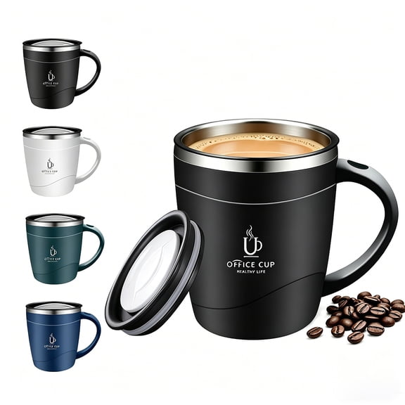16oz Double Wall Insulated Stainless Steel Airtight Coffee Mug with Handle, Splash Lid & Measurement Scale for Hot and Iced Coffee, Tea (Black)