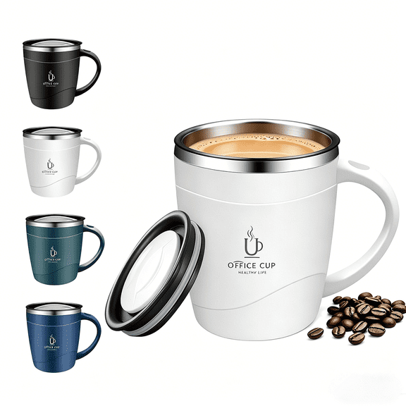 16oz Double Wall Stainless Steel Coffee Mug with Handle, Splash Lid, (White)