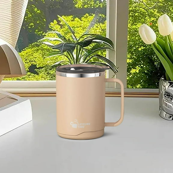 16oz Double Wall Vacuum Insulated Travel Mug, 304 Stainless Steel Tumbler with Sealing Lid & Handle, Hot & Cold Beverage Thermos Cup for Car Office Home, BPA Free, Copper Lined(Beige)