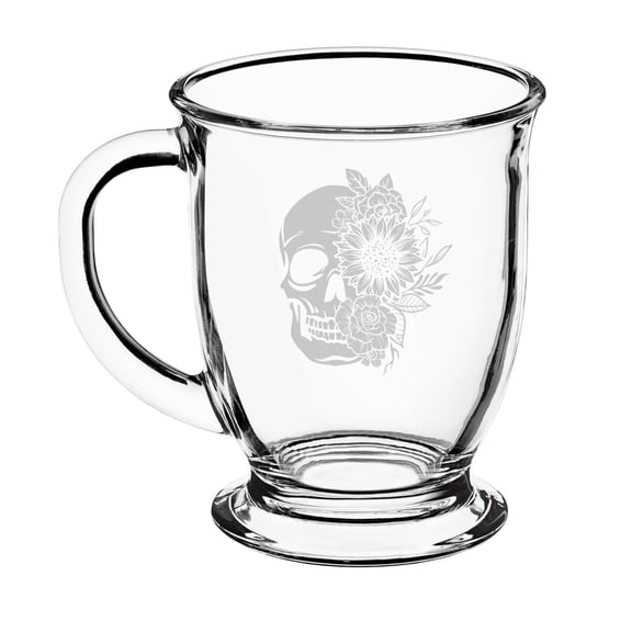 16oz Glass Coffee Mug Tea Glass Gift Floral Skull
