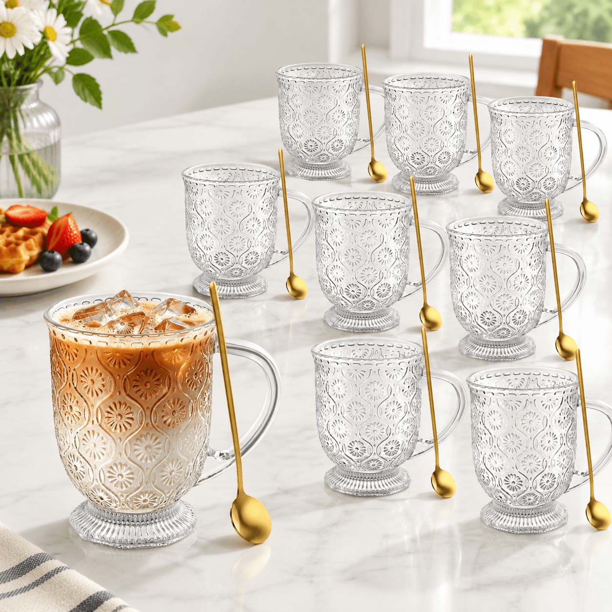 16oz Glass Coffee Mugs Set with Handles, Spoons, Begonia Flower Design ...