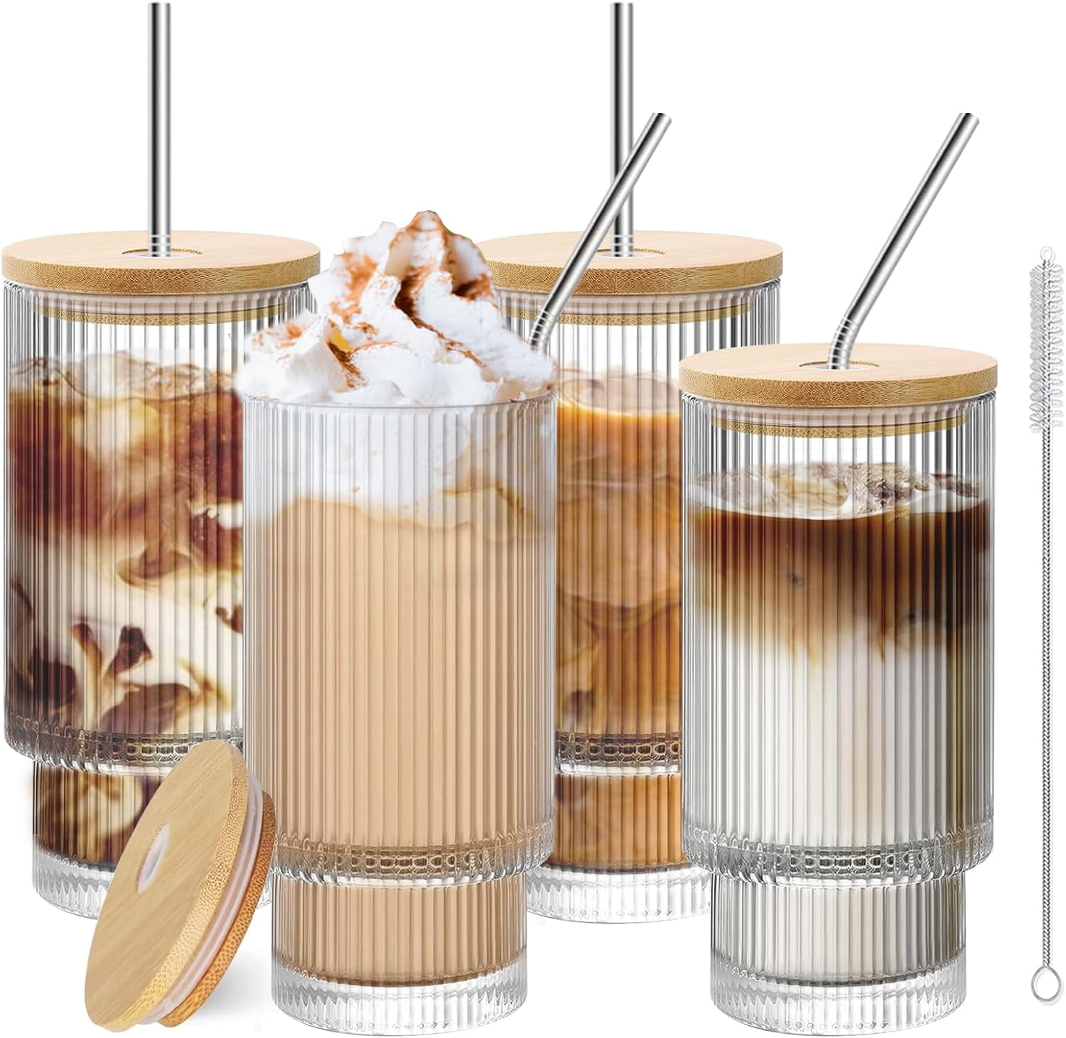 16oz Glass Cups with Lids and Straws - 4 Pack Iced Coffee Cups, Clear Tumbler with Bamboo Lid & Straw, Reusable Ribbed Glassware for Matcha, Smoothie, Cocktail,Juice - Walmart.com