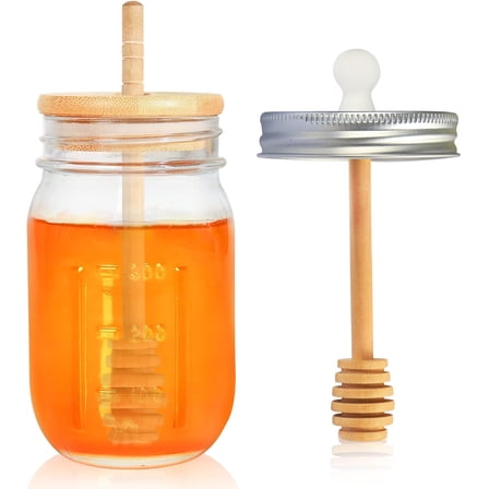 16oz Glass Honey Jar with Dippers  Set,Honey Pot with Dipper and Lid,Honey Containers for Airtight Syrup Dispenser for  Kitchen
